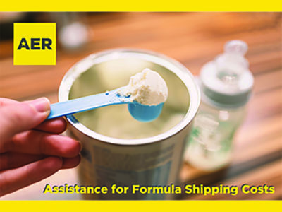 Graphic showing a person scooping baby formula out of a canister whilst a baby bottle sits in the background.