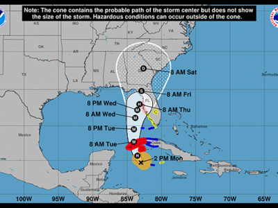 Coastal Watches and Warnings and Forecast Cone for Storm Center, Hurricane Ian. (NOAA graphic)