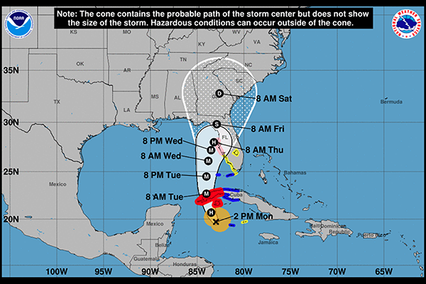 Coastal Watches and Warnings and Forecast Cone for Storm Center, Hurricane Ian. (NOAA graphic)