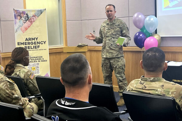 Col. Seth Graves, commander of U.S. Army Garrison Humphreys, speaks to Soldiers on May 19, 2023, during the Army Emergency Relief campaign closing ceremony. The campaign at Humphreys reached 100 percent Soldier contact and raised $77,000. (Courtesy Photo)